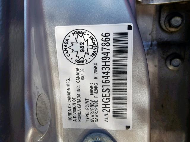 2HGES16443H947866 - 2003 HONDA CIVIC DX SILVER photo 10