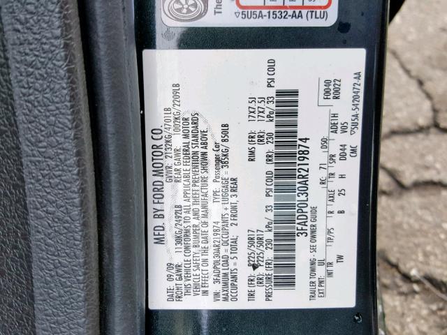 3FADP0L30AR219874 - 2010 FORD FUSION HYB BLACK photo 10