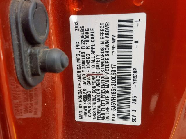 5J6YH18513L005917 - 2003 HONDA ELEMENT EX ORANGE photo 10