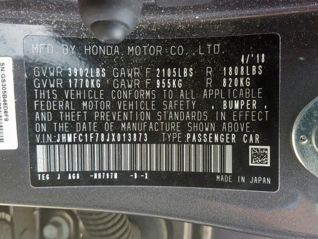 JHMFC1F78JX013873 - 2018 HONDA CIVIC EXL GRAY photo 10