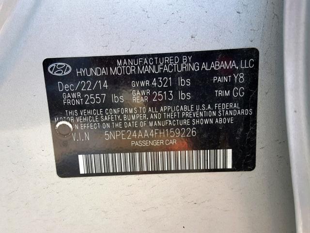 5NPE24AA4FH159226 - 2015 HYUNDAI SONATA ECO SILVER photo 10