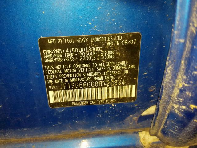 JF1SG66668H721834 - 2008 SUBARU FORESTER S BLUE photo 10