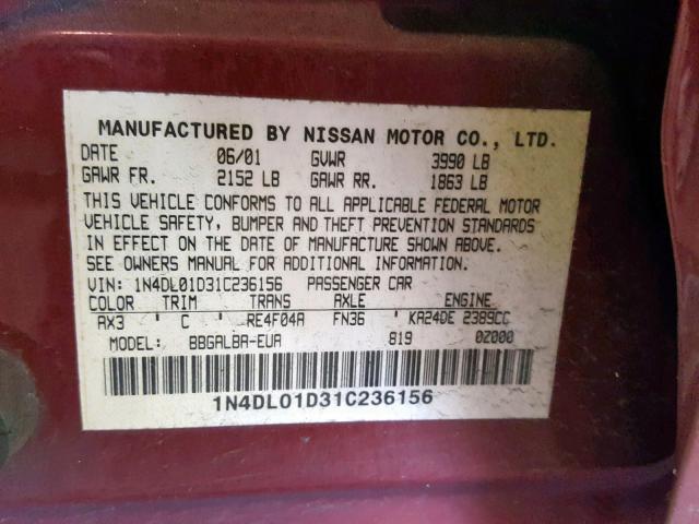 1N4DL01D31C236156 - 2001 NISSAN ALTIMA XE MAROON photo 10