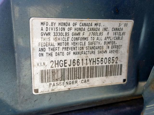 2HGEJ6611YH560852 - 2000 HONDA CIVIC BASE TURQUOISE photo 10