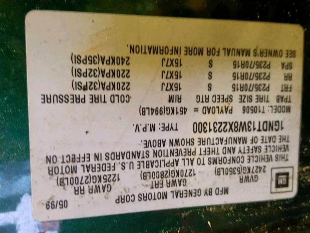 1GNDT13W8X2231300 - 1999 CHEVROLET BLAZER GREEN photo 10