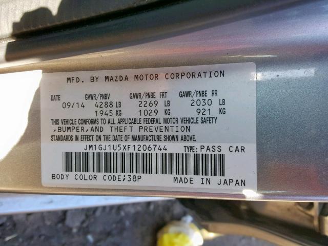 JM1GJ1U5XF1206744 - 2015 MAZDA 6 SPORT SILVER photo 10