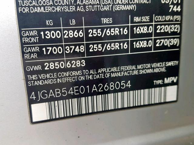 4JGAB54E01A268054 - 2001 MERCEDES-BENZ ML 320 SILVER photo 10