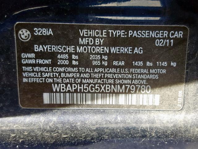 WBAPH5G5XBNM79780 - 2011 BMW 328 I SULE BLUE photo 10