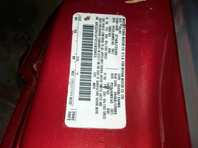 4N2ZN16TX1D820853 - 2001 NISSAN QUEST SE RED photo 10