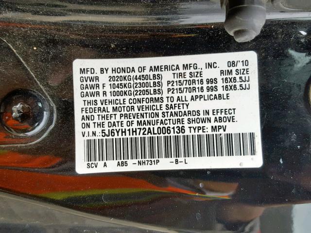 5J6YH1H72AL006136 - 2010 HONDA ELEMENT EX BLACK photo 10