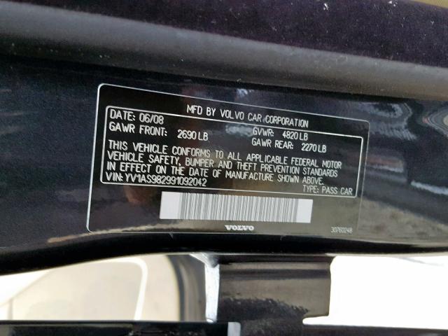 YV1AS982991092042 - 2009 VOLVO S80 3.2 GRAY photo 10