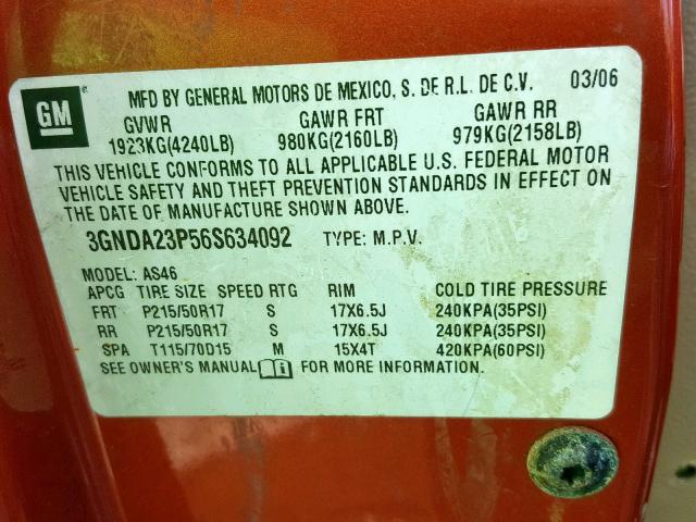 3GNDA23P56S634092 - 2006 CHEVROLET HHR LT ORANGE photo 10