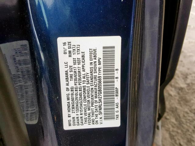 5FNRL5H27GB055669 - 2016 HONDA ODYSSEY LX BLUE photo 10