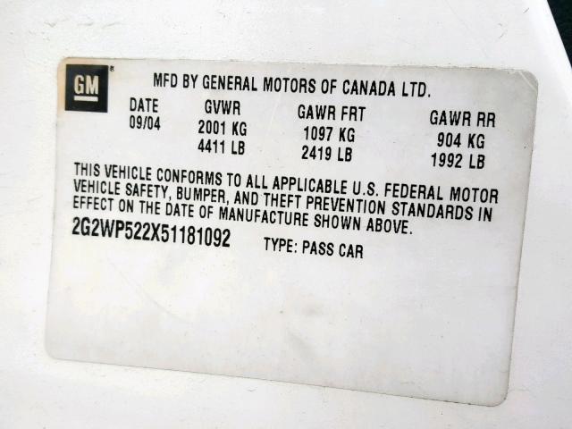 2G2WP522X51181092 - 2005 PONTIAC GRAND PRIX WHITE photo 10