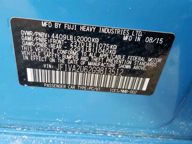 JF1VA2U62G9813512 - 2016 SUBARU WRX STI BLUE photo 10