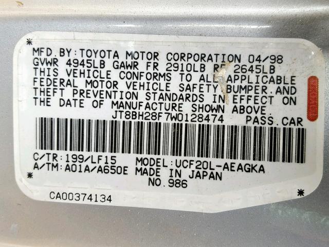 JT8BH28F7W0128474 - 1998 LEXUS LS 400 SILVER photo 10