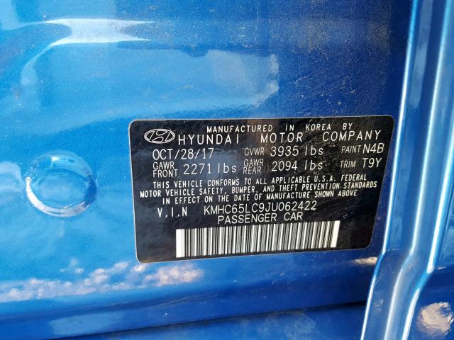 KMHC65LC9JU062422 - 2018 HYUNDAI IONIQ BLUE BLUE photo 10