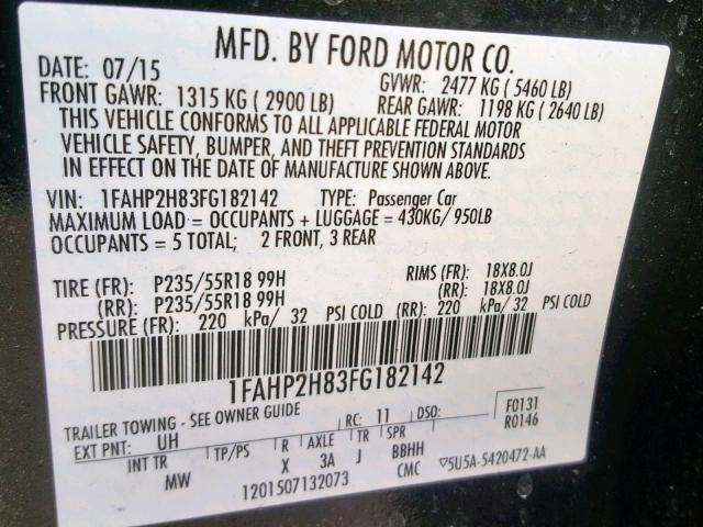 1FAHP2H83FG182142 - 2015 FORD TAURUS SEL BLACK photo 10