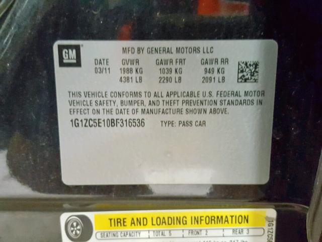 1G1ZC5E10BF316536 - 2011 CHEVROLET MALIBU 1LT BLACK photo 10