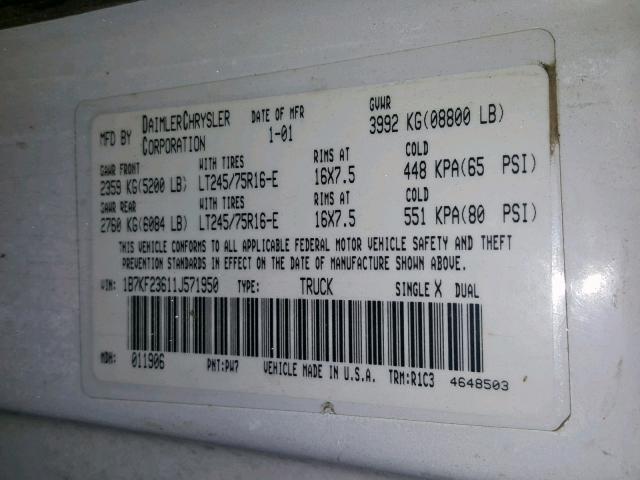 1B7KF23611J571950 - 2001 DODGE RAM 2500 WHITE photo 10