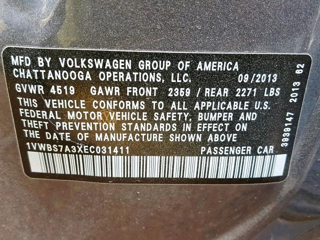 1VWBS7A3XEC031411 - 2014 VOLKSWAGEN PASSAT SE CHARCOAL photo 10