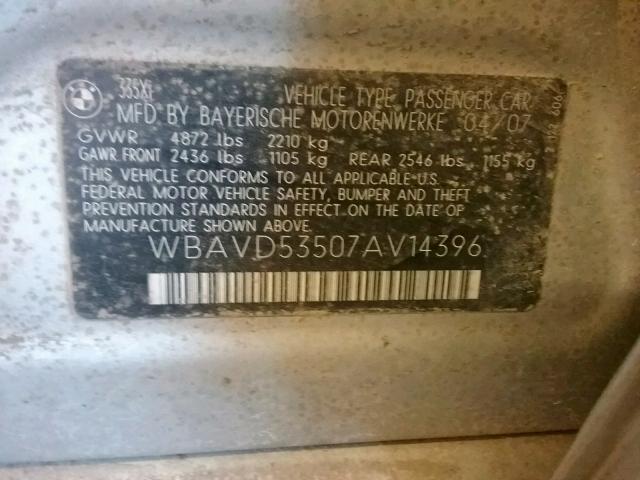 WBAVD53507AV14396 - 2007 BMW 335 XI SILVER photo 10