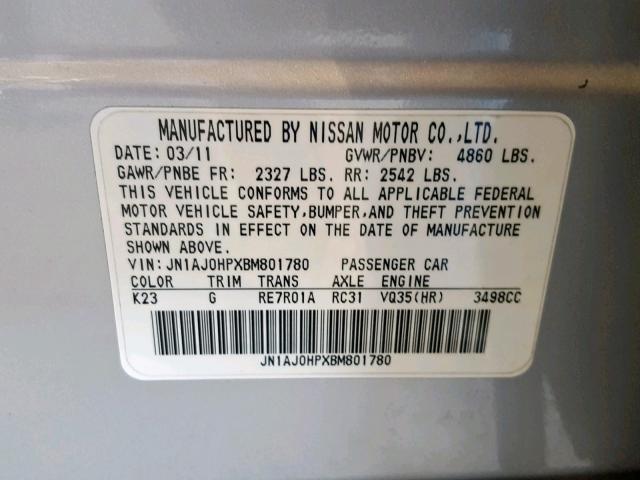 JN1AJ0HPXBM801780 - 2011 INFINITI EX35 BASE SILVER photo 10