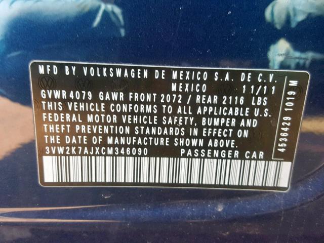 3VW2K7AJXCM346090 - 2012 VOLKSWAGEN JETTA BASE BLUE photo 10