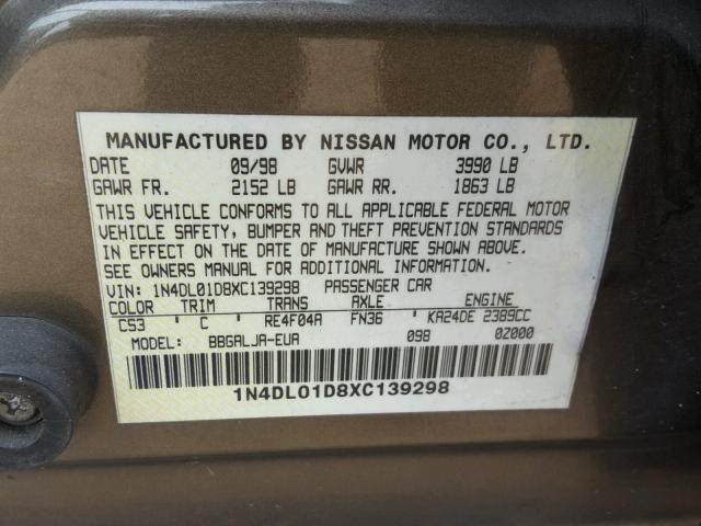 1N4DL01D8XC139298 - 1999 NISSAN ALTIMA XE BROWN photo 10