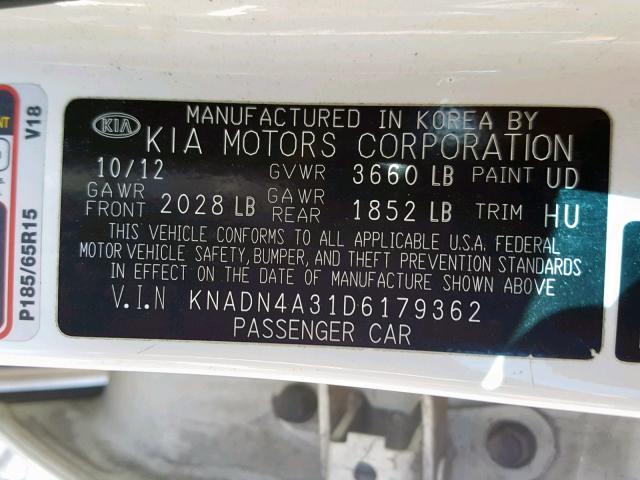 KNADN4A31D6179362 - 2013 KIA RIO EX WHITE photo 10