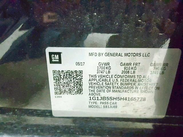 1G1JB5SH5H4165778 - 2017 CHEVROLET SONIC LS CHARCOAL photo 10