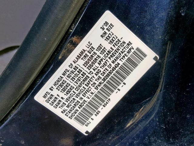 5FNRL38288B049434 - 2008 HONDA ODYSSEY LX BLUE photo 10