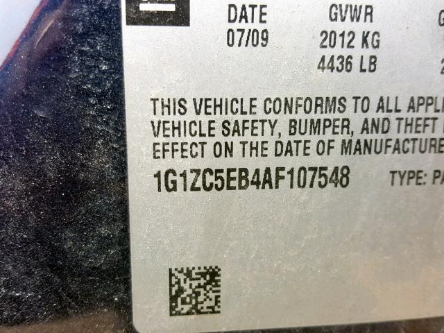 1G1ZC5EB4AF107548 - 2010 CHEVROLET MALIBU 1LT ლურჯი ფოტო 10