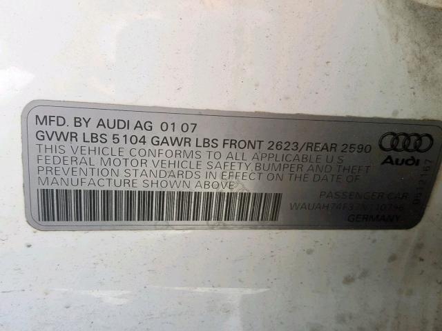 WAUAH74F37N110796 - 2007 AUDI A6 3.2 WHITE photo 10