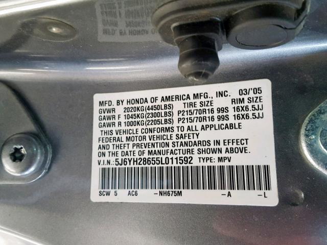 5J6YH28655L011592 - 2005 HONDA ELEMENT EX GRAY photo 10