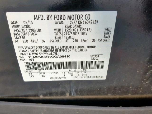 1FM5K8AR1GGA08410 - 2016 FORD EXPLORER P TWO TONE photo 10