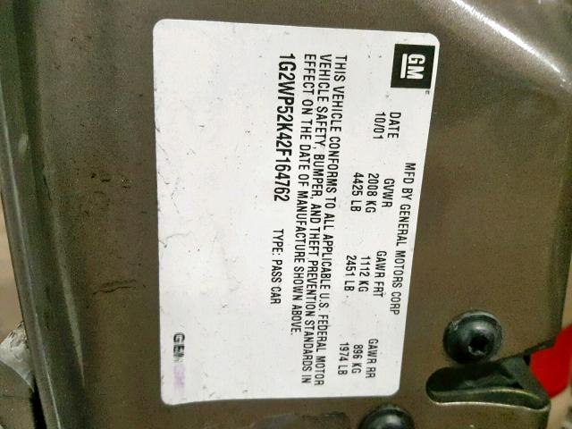 1G2WP52K42F164762 - 2002 PONTIAC GRAND PRIX BROWN photo 10