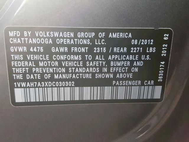 1VWAH7A3XDC030302 - 2013 VOLKSWAGEN PASSAT S GRAY photo 10