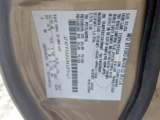 1FAFP55213A189467 - 2003 FORD TAURUS SES GOLD photo 10