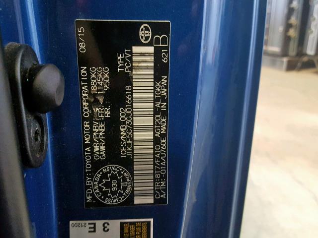 JTKJF5C73GJ016618 - 2016 TOYOTA SCION TC BLUE photo 10