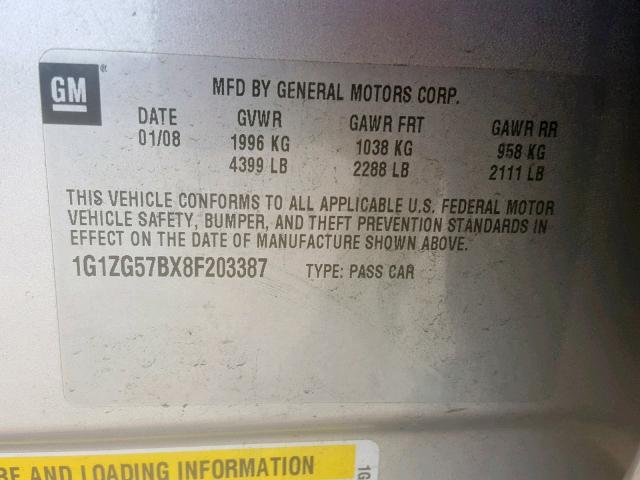 1G1ZG57BX8F203387 - 2008 CHEVROLET MALIBU LS SILVER photo 10