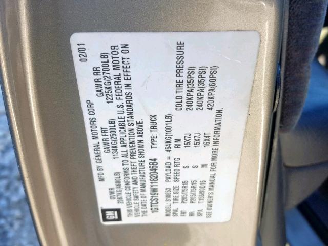 1GTCS19W118204684 - 2001 GMC SONOMA GRAY photo 10