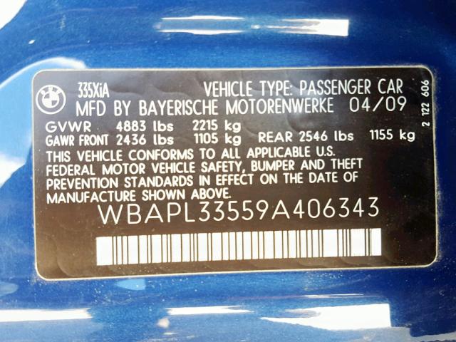 WBAPL33559A406343 - 2009 BMW 335 XI BLUE photo 10