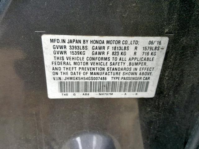 JHMGK5H54GS007486 - 2016 HONDA FIT LX GRAY photo 10