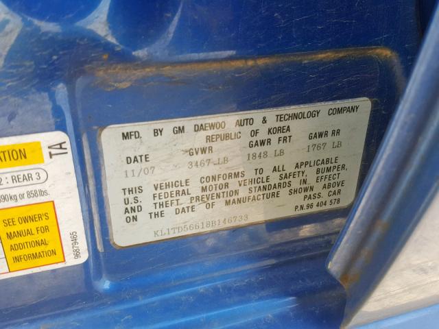 KL1TD56618B146733 - 2008 CHEVROLET AVEO BASE Көк фото 10