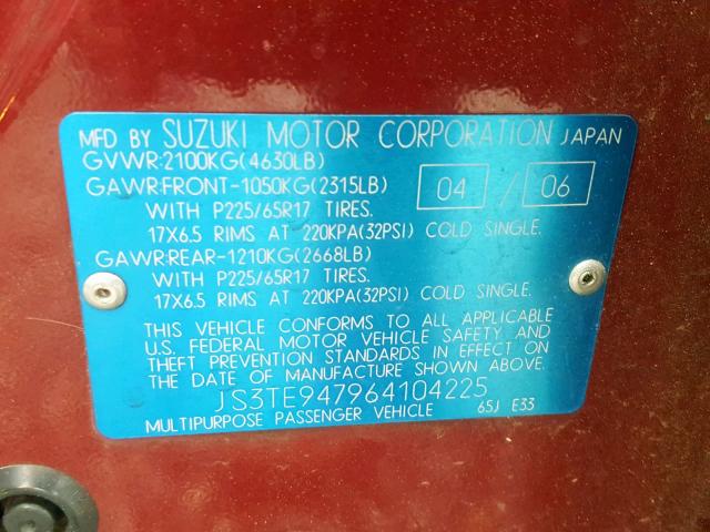 JS3TE947964104225 - 2006 SUZUKI GRAND VITA RED photo 10