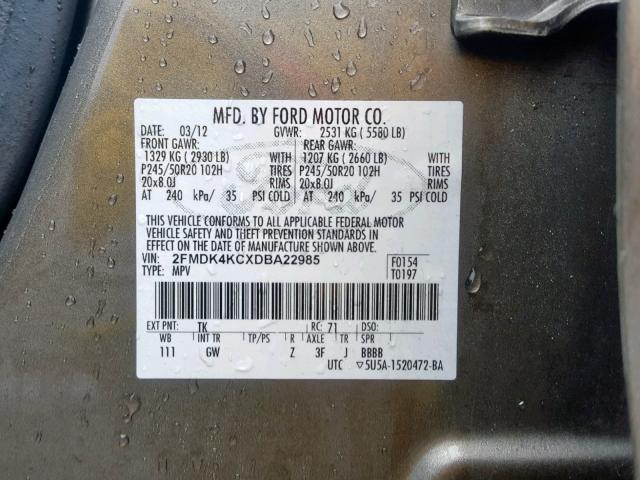 2FMDK4KCXDBA22985 - 2013 FORD EDGE LIMIT GRAY photo 10