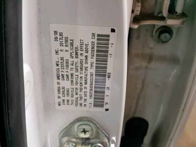 1HGCP26459A022387 - 2009 HONDA ACCORD LXP WHITE photo 10