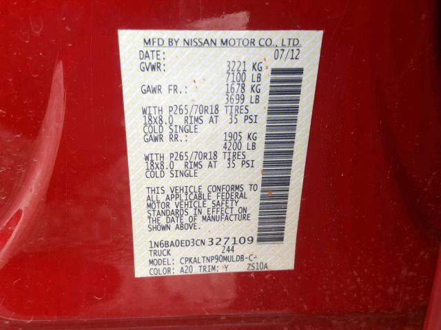 1N6BA0ED3CN327109 - 2012 NISSAN TITAN S RED photo 10