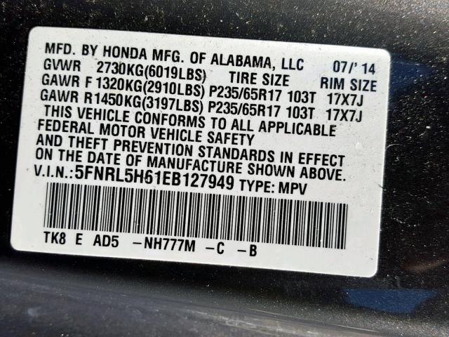 5FNRL5H61EB127949 - 2014 HONDA ODYSSEY EX GRAY photo 10